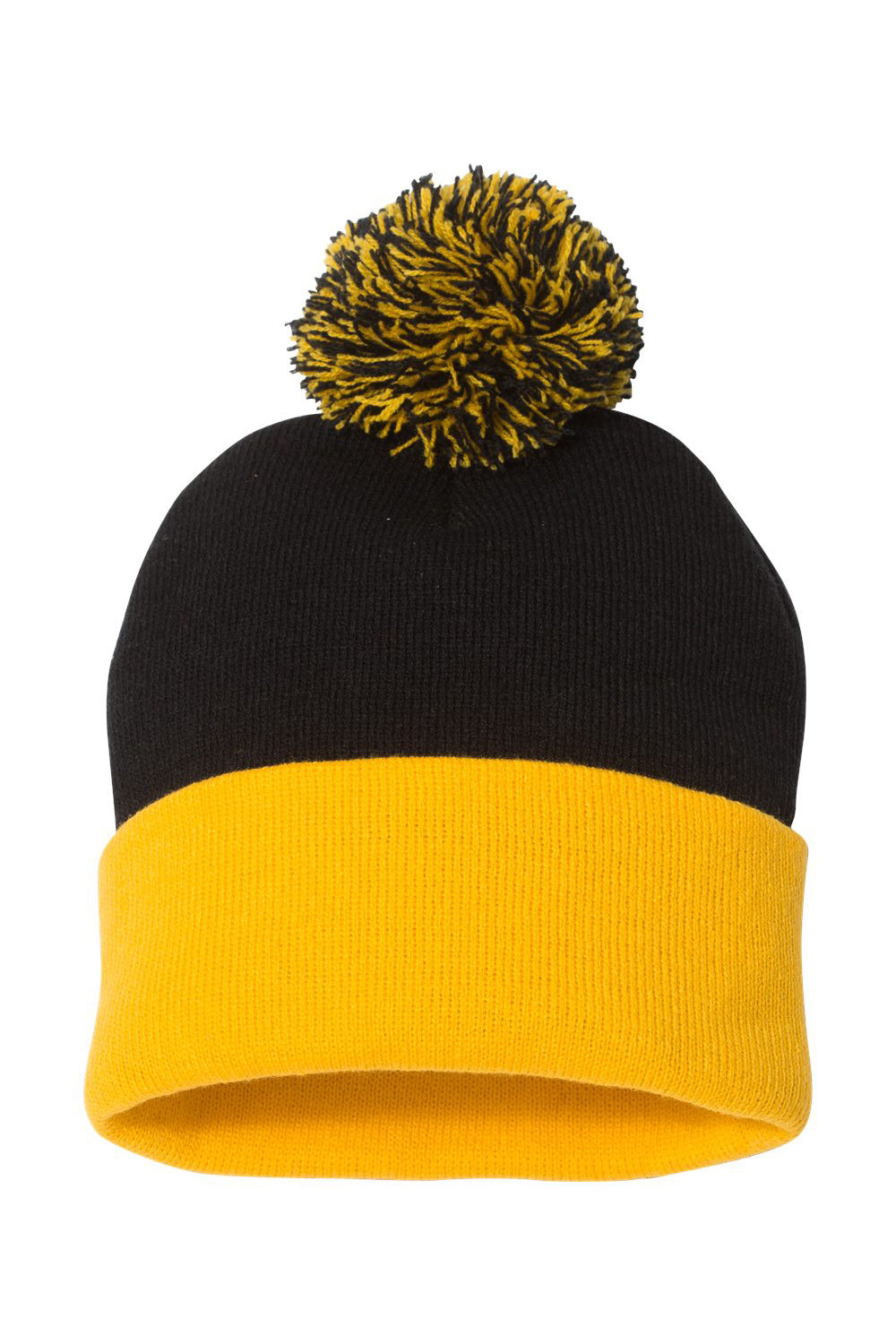 Sportsman SP15 Mens Pom-Pom Cuffed Beanie Black/Gold Flat Front