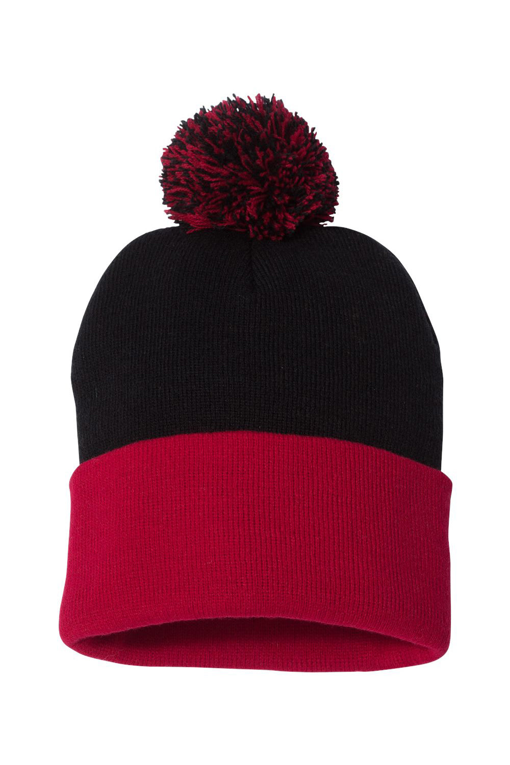 Sportsman SP15 Mens Pom-Pom Cuffed Beanie Black/Red Flat Front