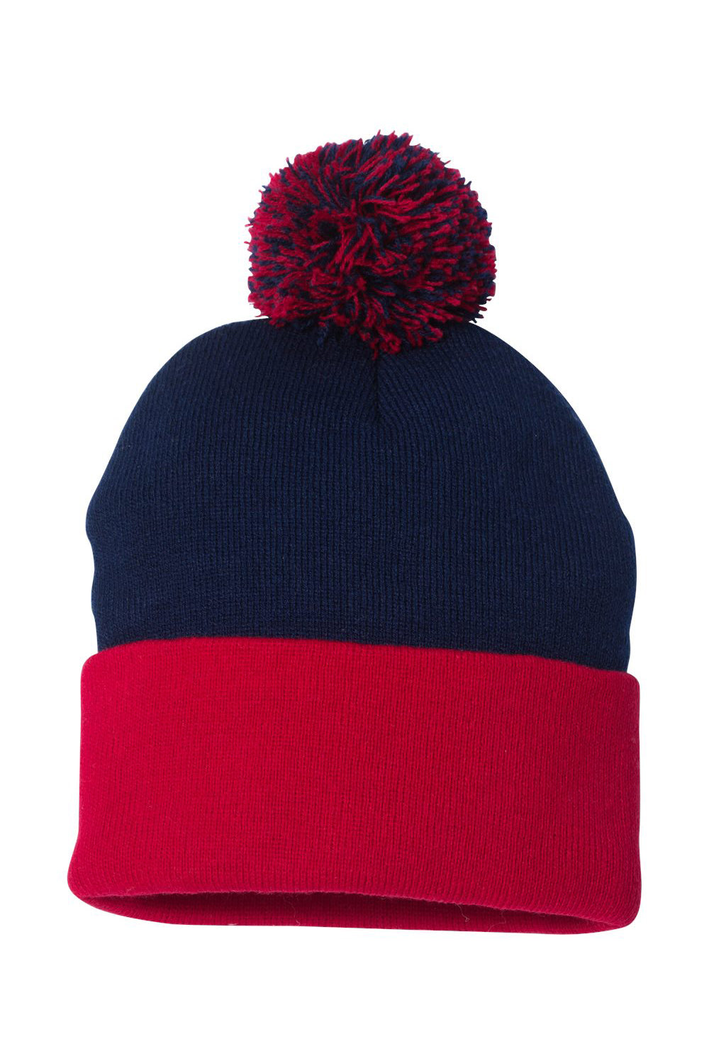 Sportsman SP15 Mens Pom-Pom Cuffed Beanie Navy Blue/Red Flat Front