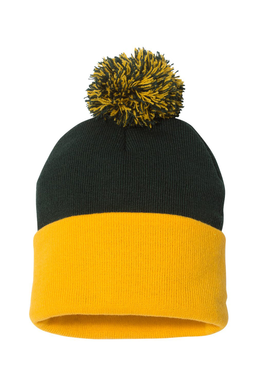 Sportsman SP15 Mens Pom-Pom Cuffed Beanie Forest Green/Gold Flat Front