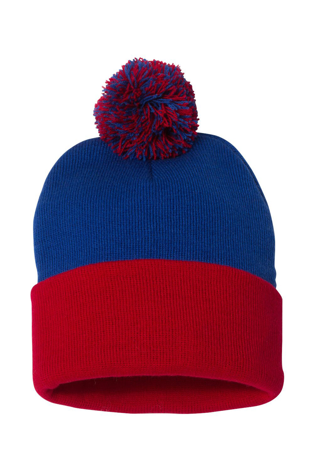 Sportsman SP15 Mens Pom-Pom Cuffed Beanie Royal Blue/Red Flat Front