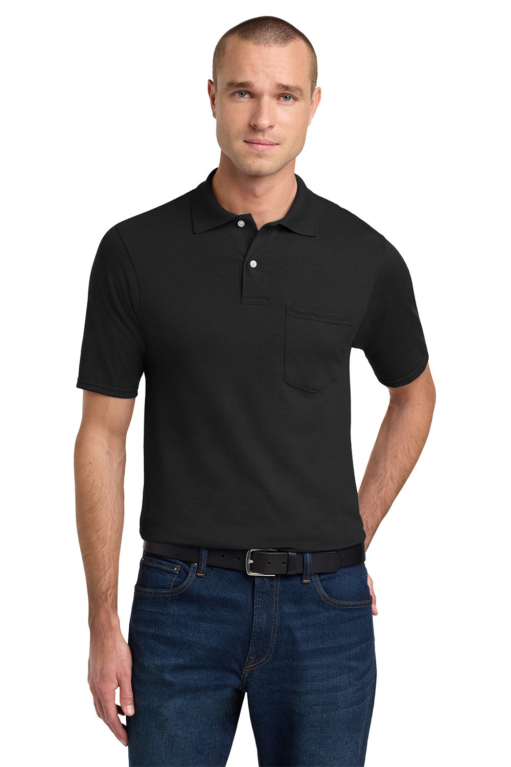 Jerzees 436MP/436P/436MPR Mens SpotShield Stain Resistant Short Sleeve Polo Shirt w/ Pocket Black Model Front