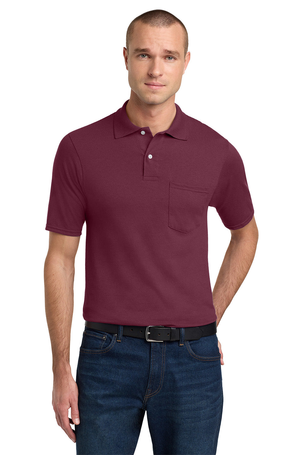 Jerzees 436MP/436P/436MPR Mens SpotShield Stain Resistant Short Sleeve Polo Shirt w/ Pocket Maroon Model Front