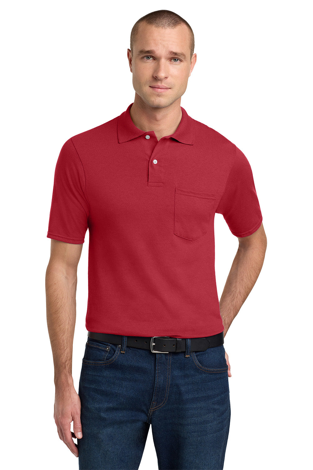 Jerzees 436MP/436P/436MPR Mens SpotShield Stain Resistant Short Sleeve Polo Shirt w/ Pocket True Red Model Front