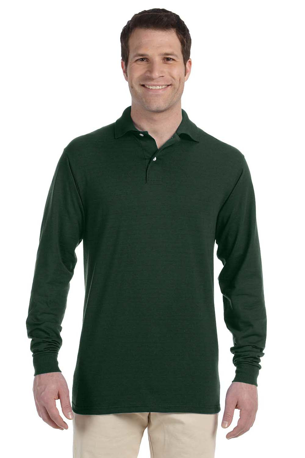 Jerzees 437ML/437MLR Mens SpotShield Stain Resistant Long Sleeve Polo Shirt Forest Green Model Front