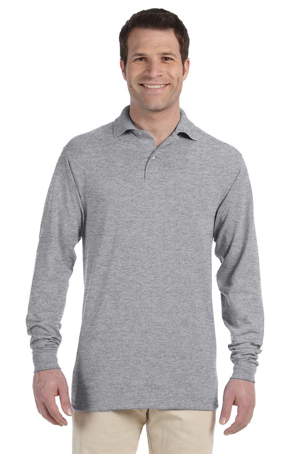 Jerzees 437ML/437MLR Mens SpotShield Stain Resistant Long Sleeve Polo Shirt Oxford Grey Model Front