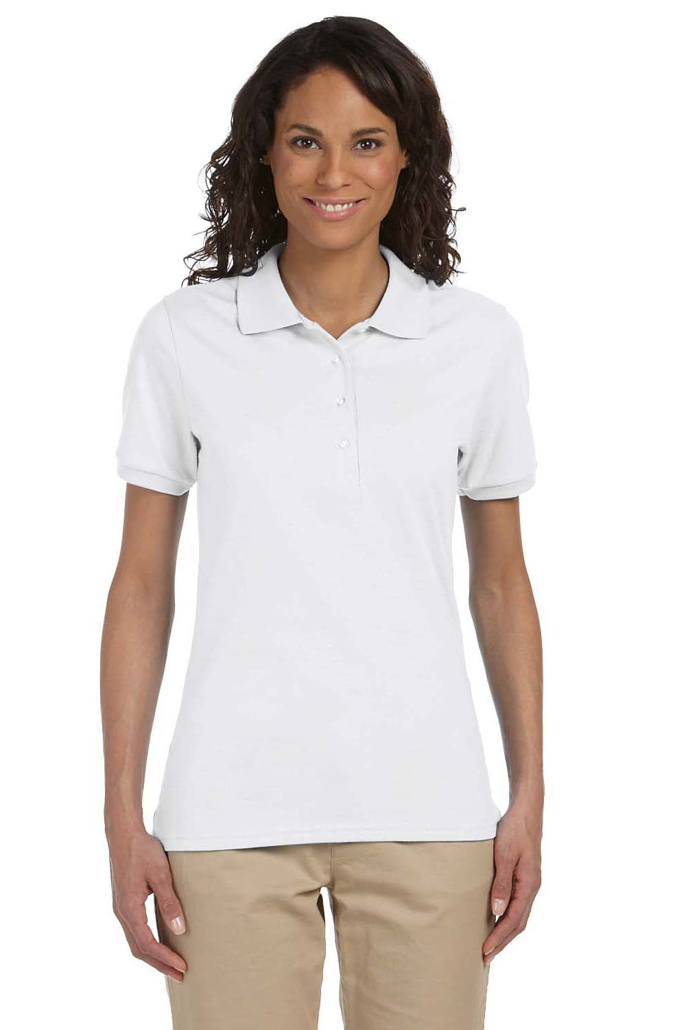 Jerzees 437W/437WR Womens SpotShield Stain Resistant Short Sleeve Polo Shirt White Model Front