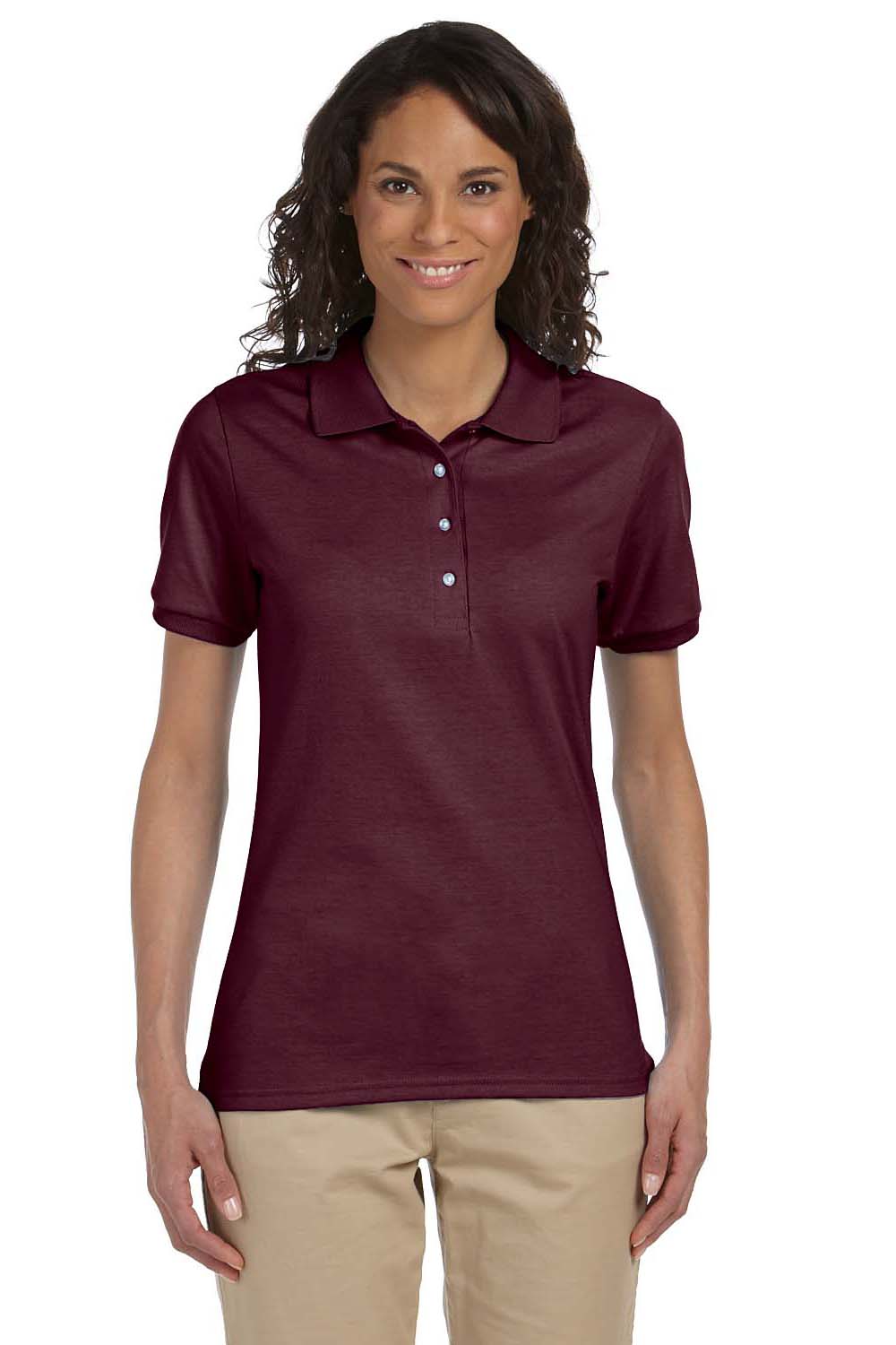 Jerzees 437W/437WR Womens SpotShield Stain Resistant Short Sleeve Polo Shirt Maroon Model Front