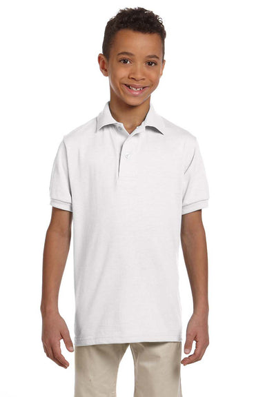 Jerzees 437Y/437YR Youth SpotShield Stain Resistant Short Sleeve Polo Shirt White Model Front