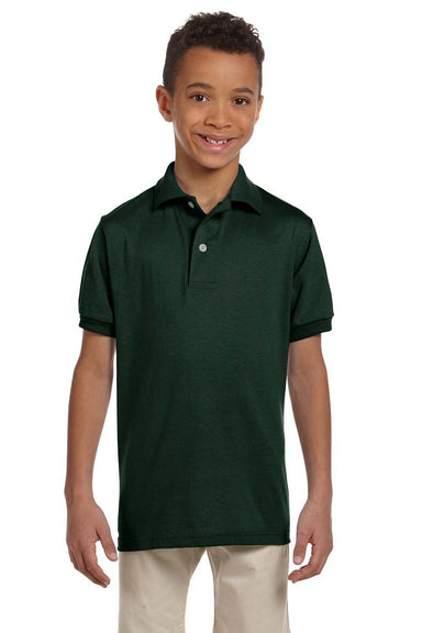 Jerzees 437Y/437YR Youth SpotShield Stain Resistant Short Sleeve Polo Shirt Forest Green Model Front