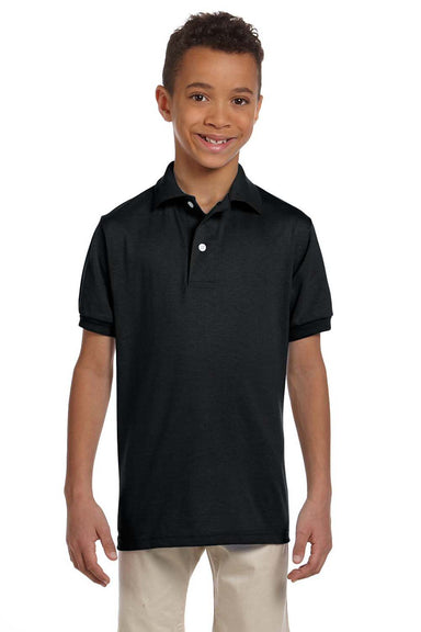 Jerzees 437Y/437YR Youth SpotShield Stain Resistant Short Sleeve Polo Shirt Black Model Front