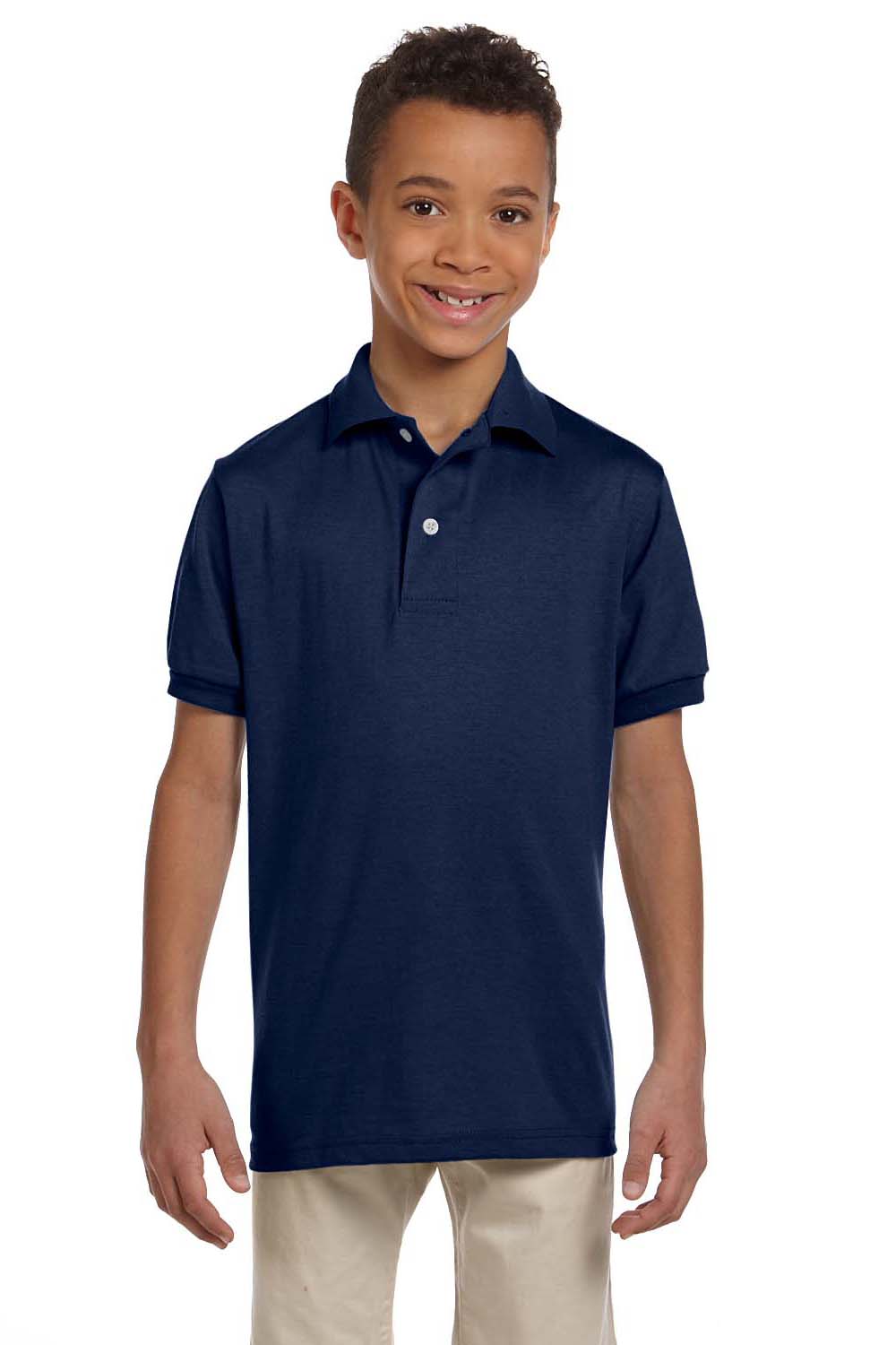 Jerzees 437Y/437YR Youth SpotShield Stain Resistant Short Sleeve Polo Shirt Navy Blue Model Front