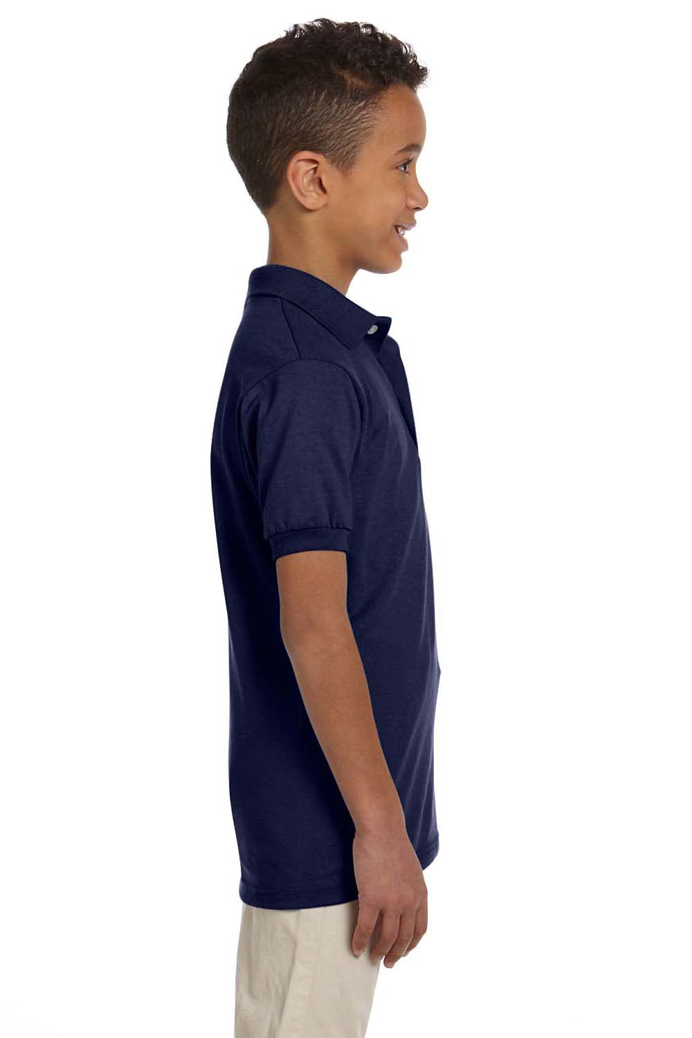 Jerzees 437Y/437YR Youth SpotShield Stain Resistant Short Sleeve Polo Shirt Navy Blue Model Side