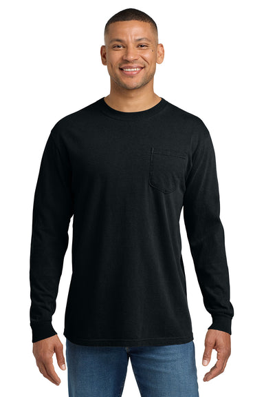 Comfort Colors 4410/C4410 Mens Long Sleeve Crewneck T-Shirt w/ Pocket Black Model Front