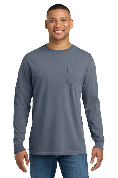 Comfort Colors 4410/C4410 Mens Long Sleeve Crewneck T-Shirt w/ Pocket Blue Jean Model Front