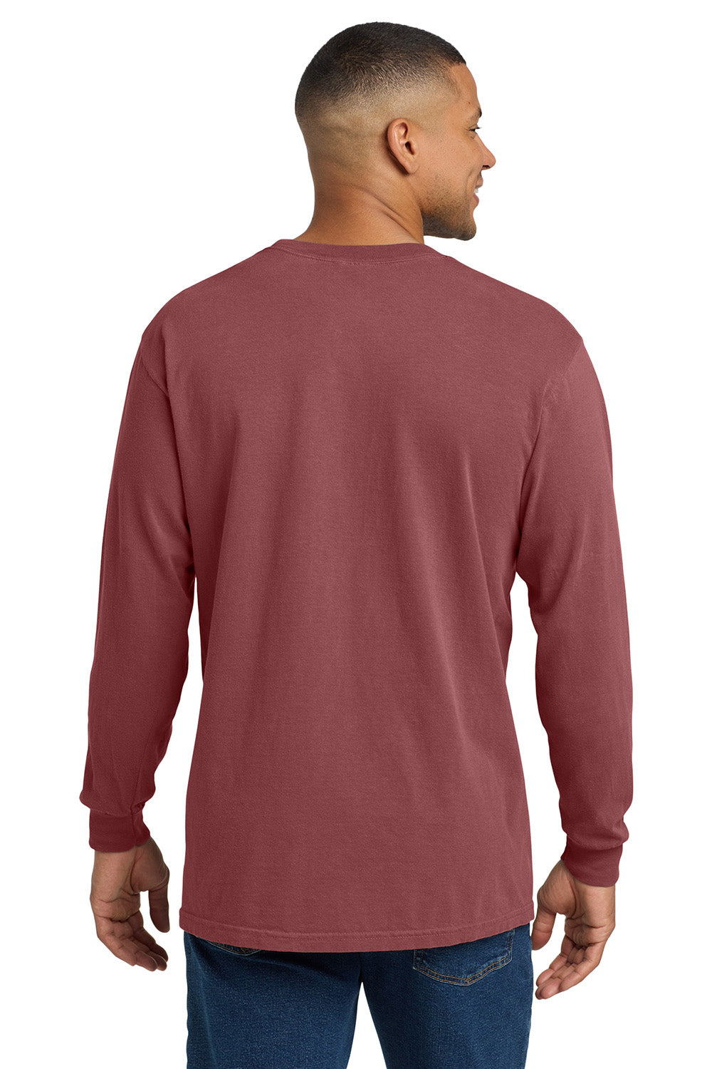 Comfort Colors 4410/C4410 Mens Long Sleeve Crewneck T-Shirt w/ Pocket Brick Red Model Back