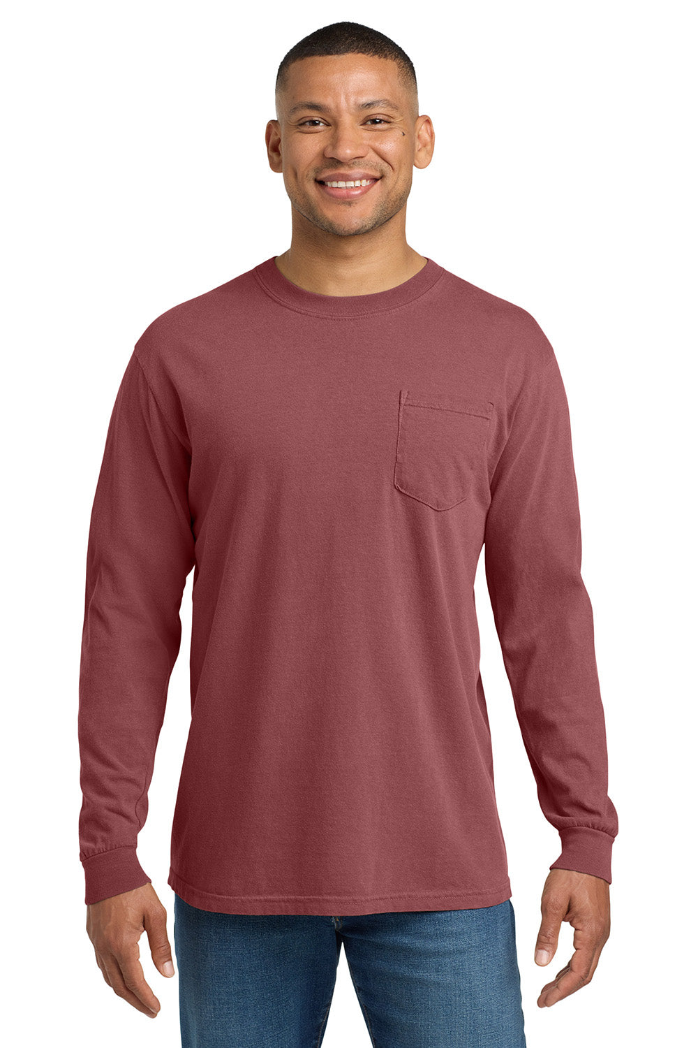 Comfort Colors 4410/C4410 Mens Long Sleeve Crewneck T-Shirt w/ Pocket Brick Red Model Front