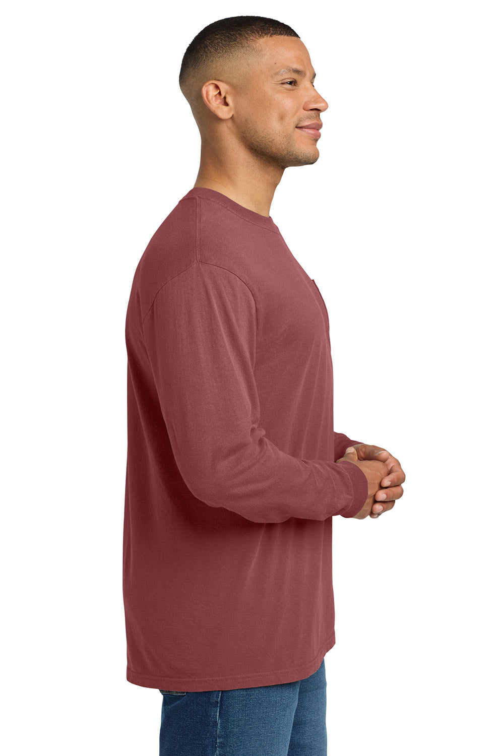 Comfort Colors 4410/C4410 Mens Long Sleeve Crewneck T-Shirt w/ Pocket Brick Red Model Side