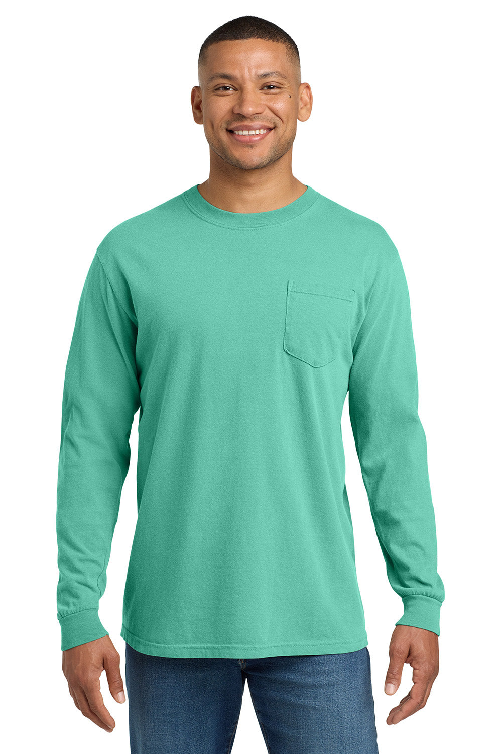 Comfort Colors 4410/C4410 Mens Long Sleeve Crewneck T-Shirt w/ Pocket Chalky Mint Green Model Front