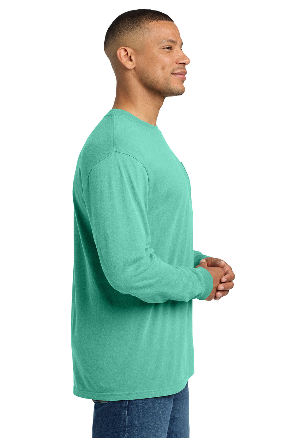 Comfort Colors 4410/C4410 Mens Long Sleeve Crewneck T-Shirt w/ Pocket Chalky Mint Green Model Side