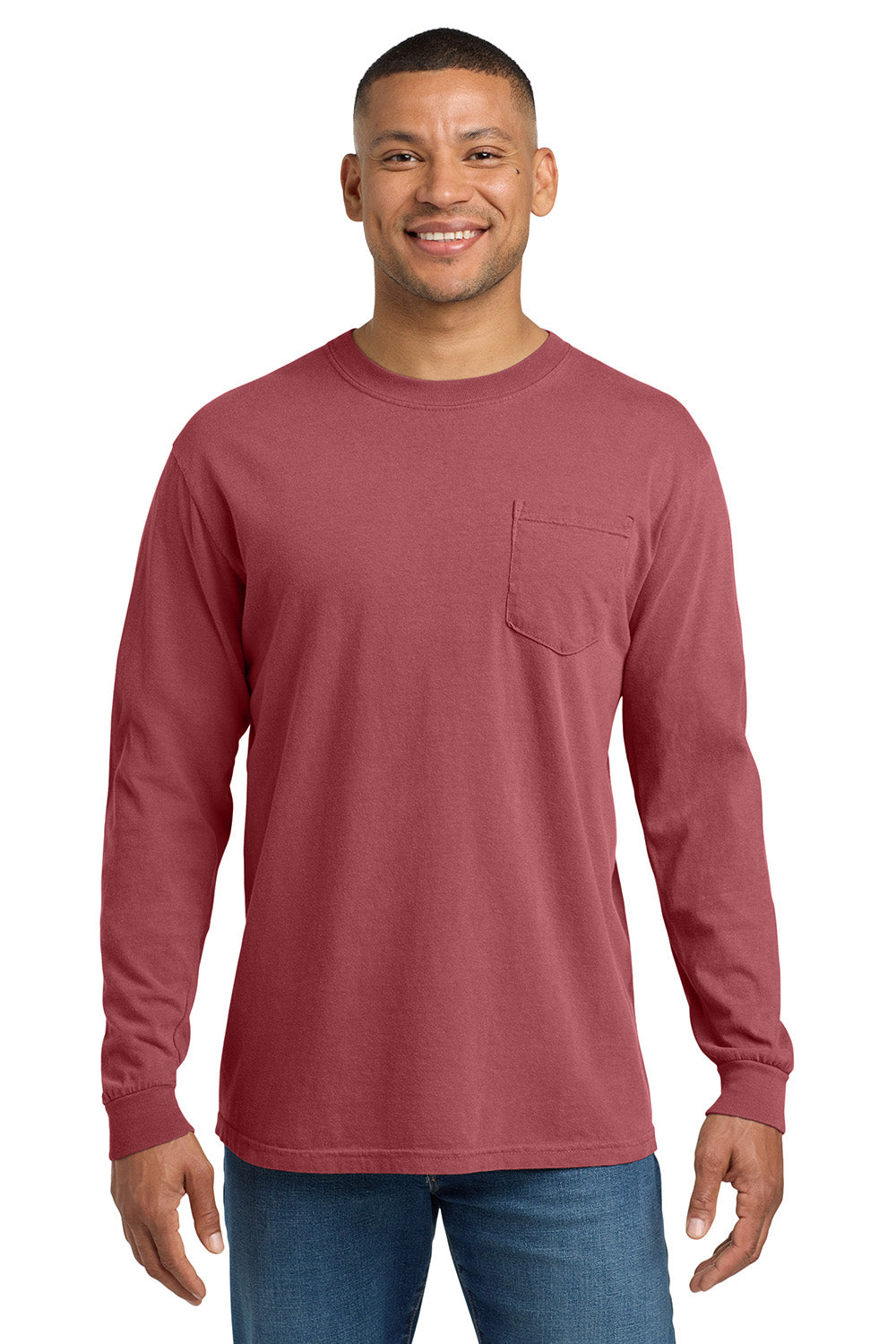 Comfort Colors 4410/C4410 Mens Long Sleeve Crewneck T-Shirt w/ Pocket Crimson Red Model Front