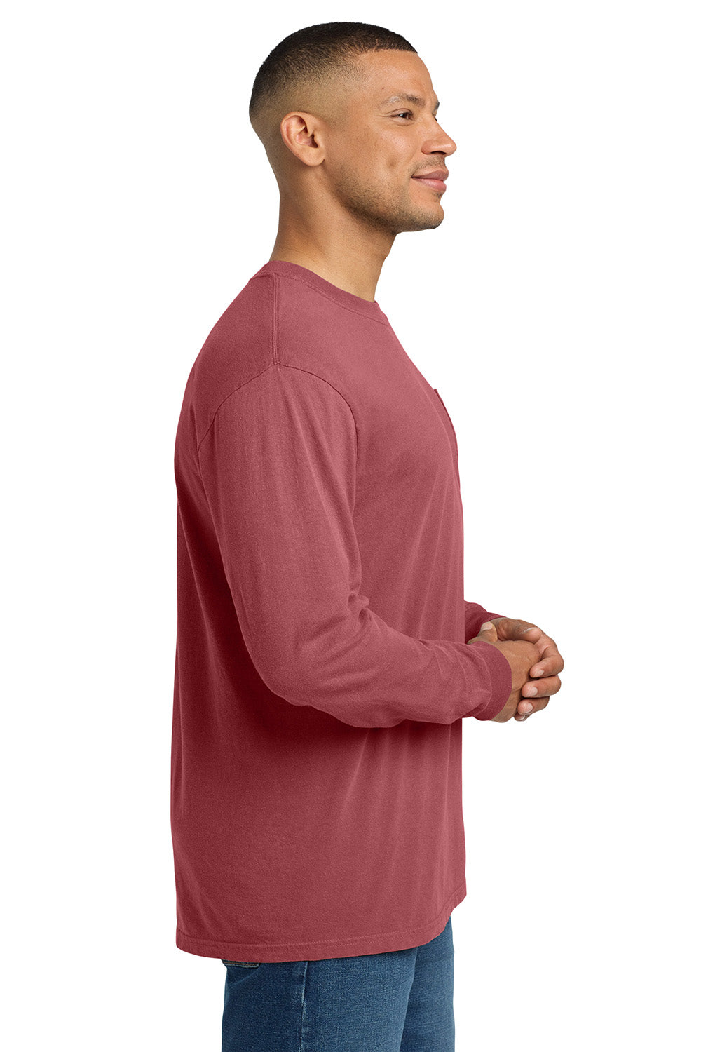 Comfort Colors 4410/C4410 Mens Long Sleeve Crewneck T-Shirt w/ Pocket Crimson Red Model Side