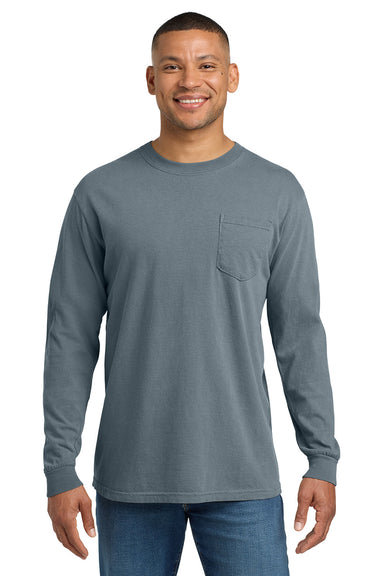 Comfort Colors 4410/C4410 Mens Long Sleeve Crewneck T-Shirt w/ Pocket Granite Grey Model Front