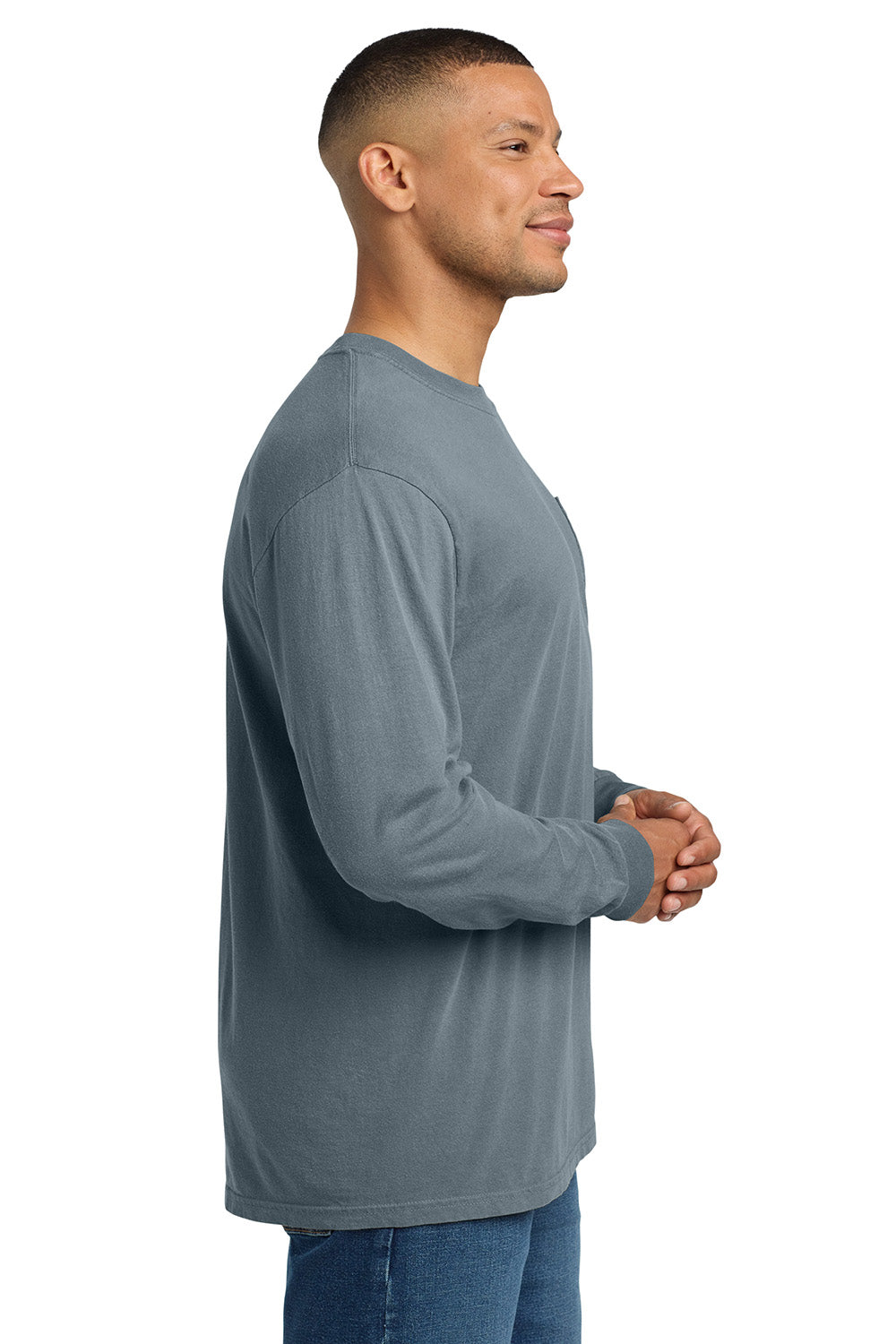 Comfort Colors 4410/C4410 Mens Long Sleeve Crewneck T-Shirt w/ Pocket Granite Grey Model Side