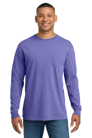 Comfort Colors 4410/C4410 Mens Long Sleeve Crewneck T-Shirt w/ Pocket Violet Purple Model Front