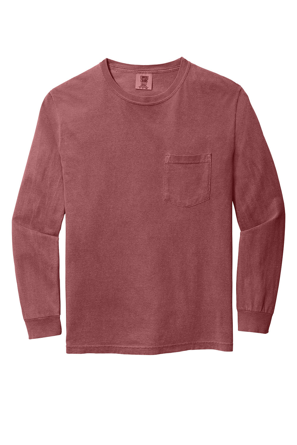 Comfort Colors 4410/C4410 Mens Long Sleeve Crewneck T-Shirt w/ Pocket Brick Red Flat Front