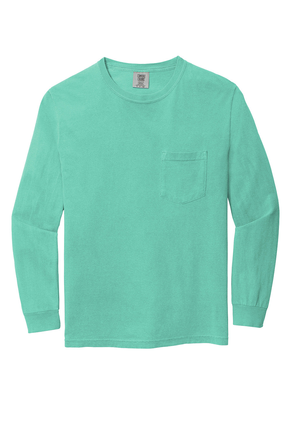 Comfort Colors 4410/C4410 Mens Long Sleeve Crewneck T-Shirt w/ Pocket Chalky Mint Green Flat Front