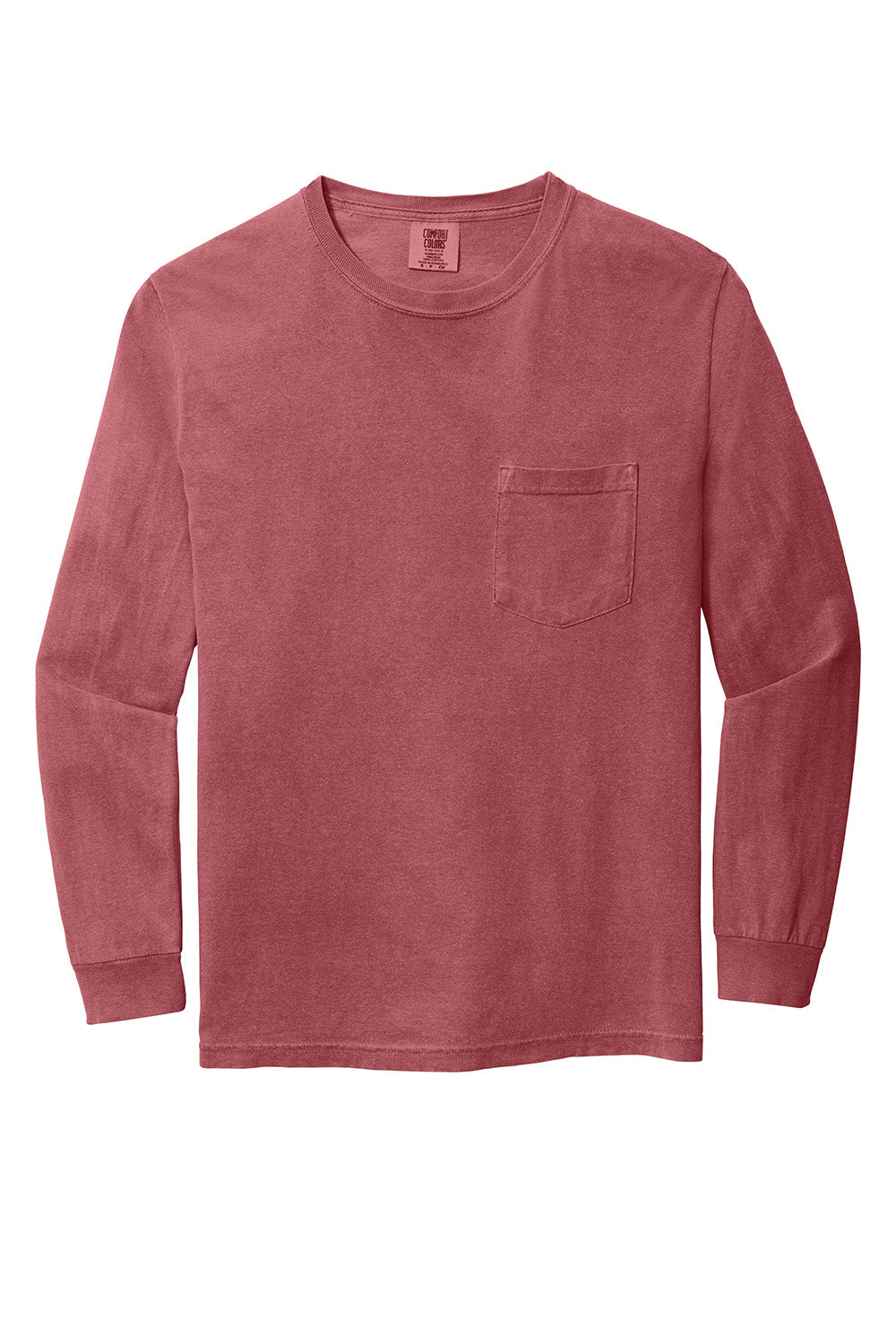 Comfort Colors 4410/C4410 Mens Long Sleeve Crewneck T-Shirt w/ Pocket Crimson Red Flat Front