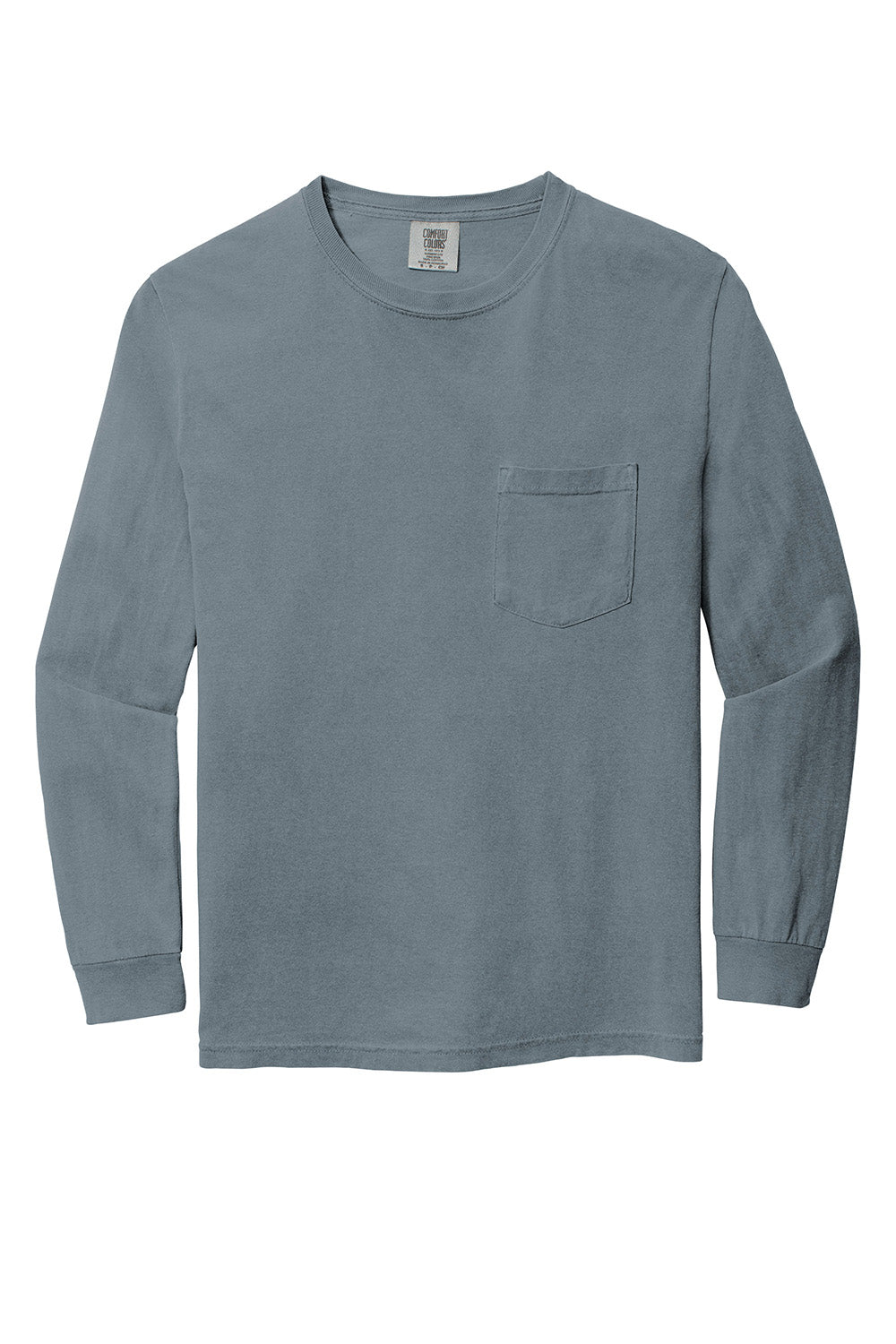 Comfort Colors 4410/C4410 Mens Long Sleeve Crewneck T-Shirt w/ Pocket Granite Grey Flat Front