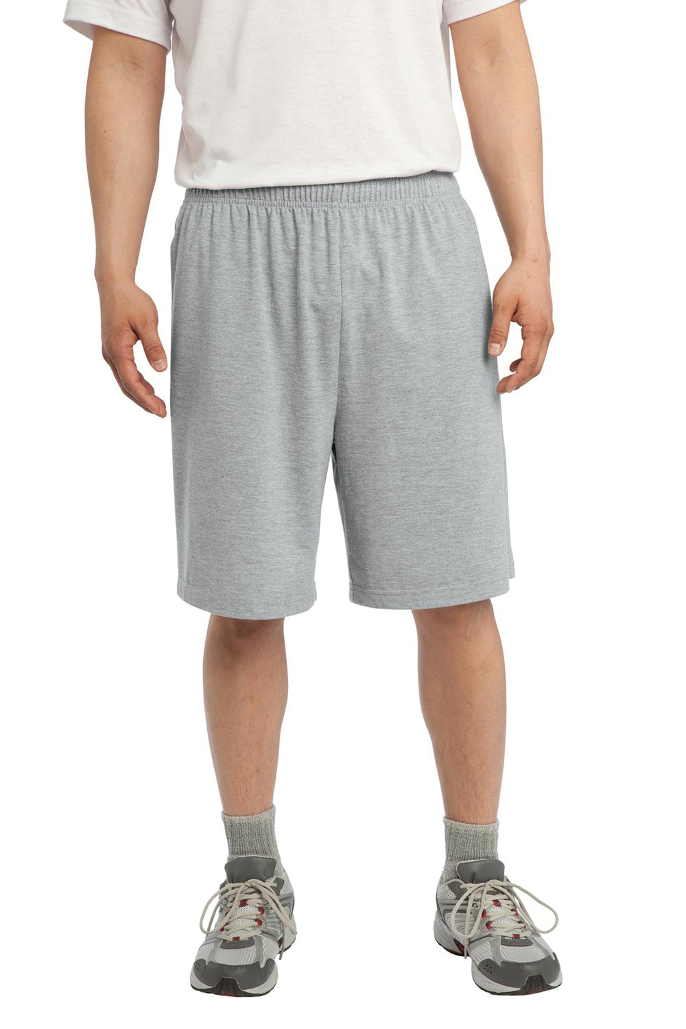 Sport-Tek ST310 Mens Jersey Knit Shorts w/ Pockets Heather Grey Model Front