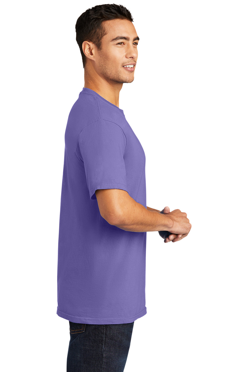 Port & Company PC099 Mens Beach Wash Short Sleeve Crewneck T-Shirt Amethyst Purple Model Side