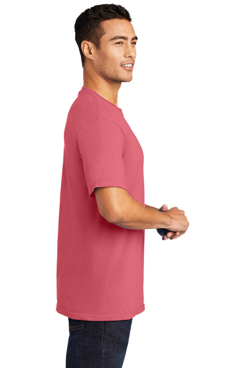 Port & Company PC099 Mens Beach Wash Short Sleeve Crewneck T-Shirt Fruit Punch Pink Model Side