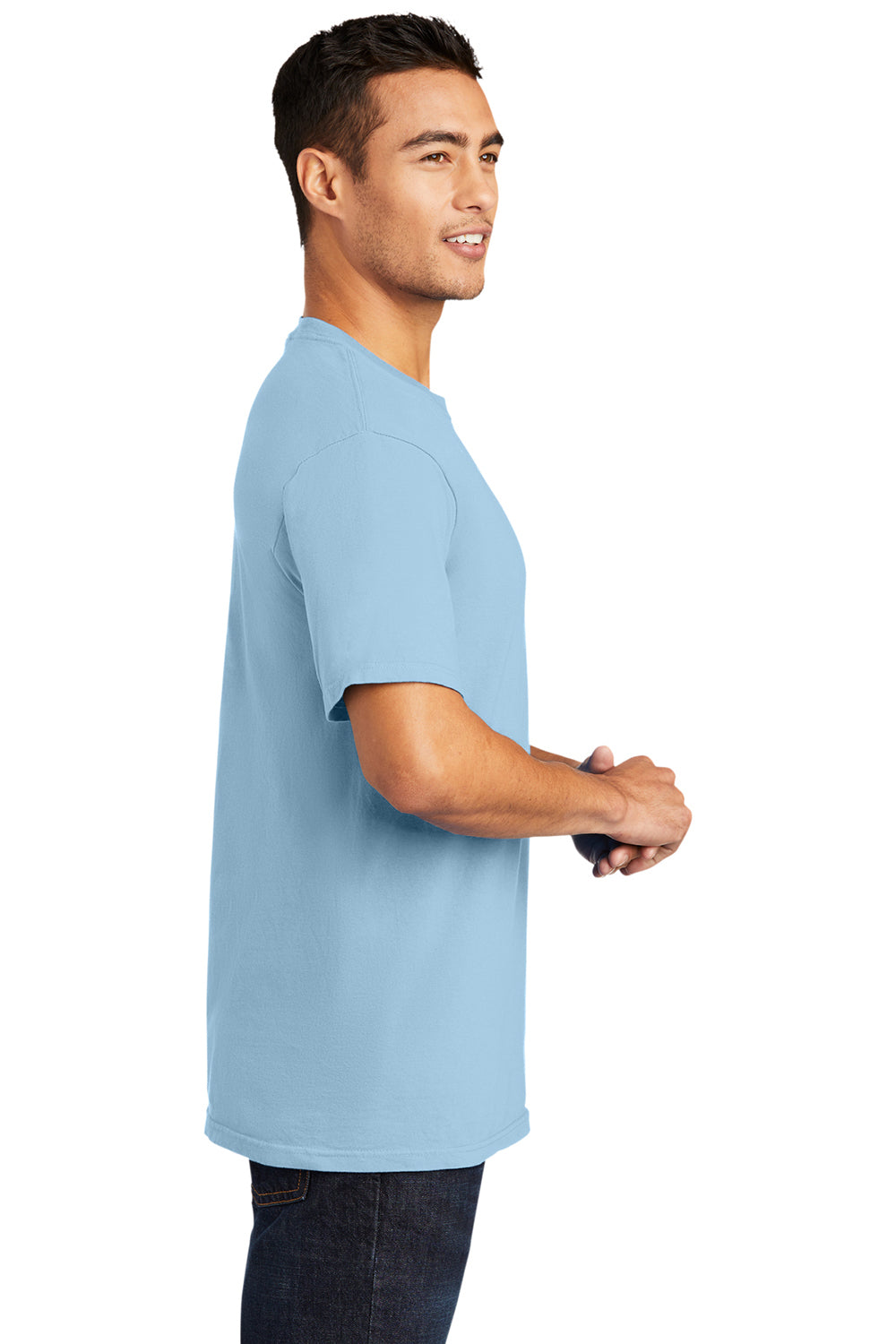 Port & Company PC099 Mens Beach Wash Short Sleeve Crewneck T-Shirt Glacier Blue Model Side