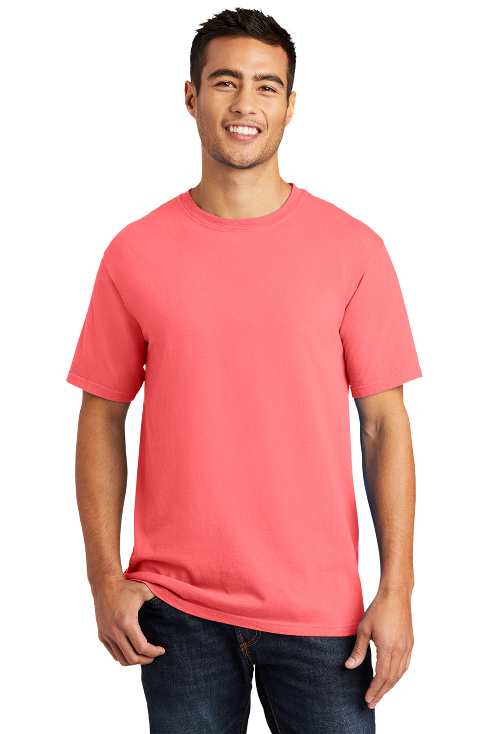 Port & Company PC099 Mens Beach Wash Short Sleeve Crewneck T-Shirt Neon Coral Model Front