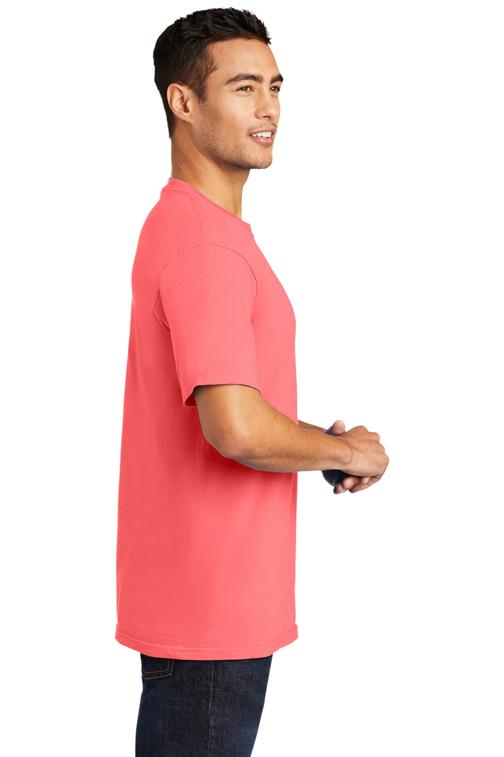 Port & Company PC099 Mens Beach Wash Short Sleeve Crewneck T-Shirt Neon Coral Model Side