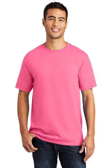 Port & Company PC099 Mens Beach Wash Short Sleeve Crewneck T-Shirt Neon Pink Model Front