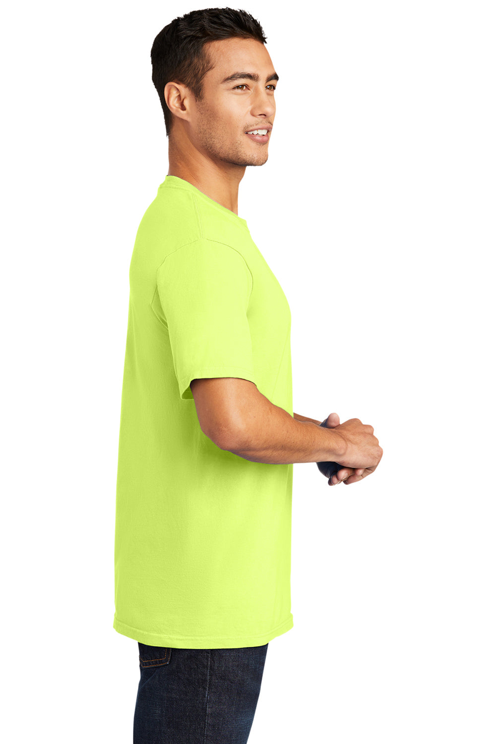 Port & Company PC099 Mens Beach Wash Short Sleeve Crewneck T-Shirt Neon Yellow Model Side