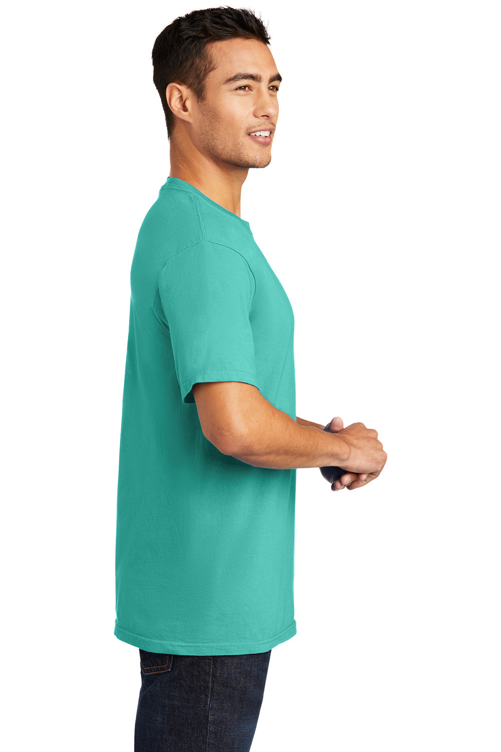 Port & Company PC099 Mens Beach Wash Short Sleeve Crewneck T-Shirt Peacock Green Model Side