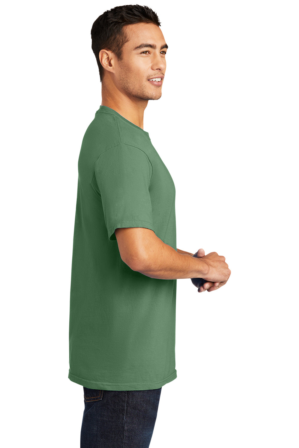 Port & Company PC099 Mens Beach Wash Short Sleeve Crewneck T-Shirt Safari Green Model Side