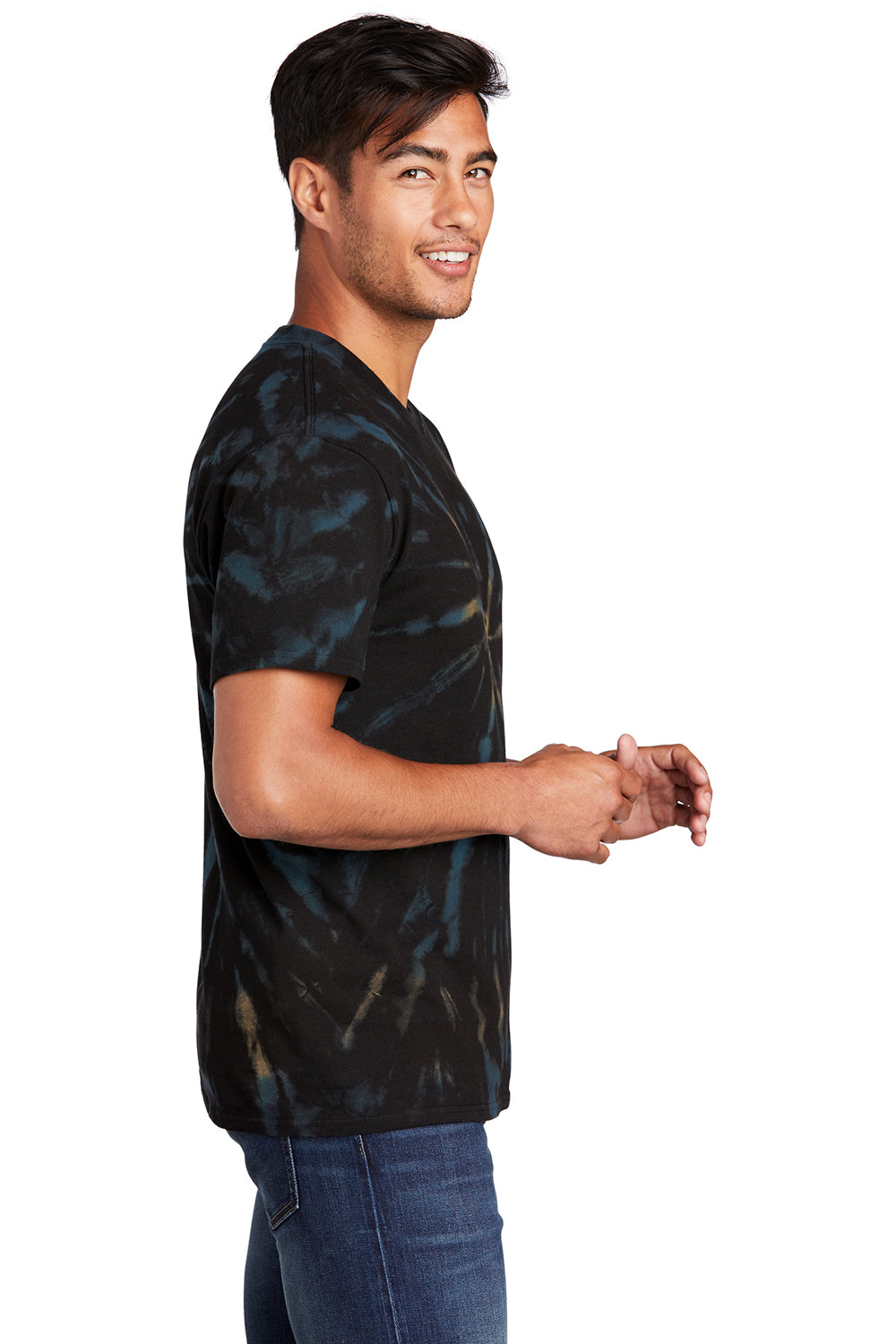 Port & Company PC147 Mens Tie-Dye Short Sleeve Crewneck T-Shirt Black Galaxy Spiral Model Side