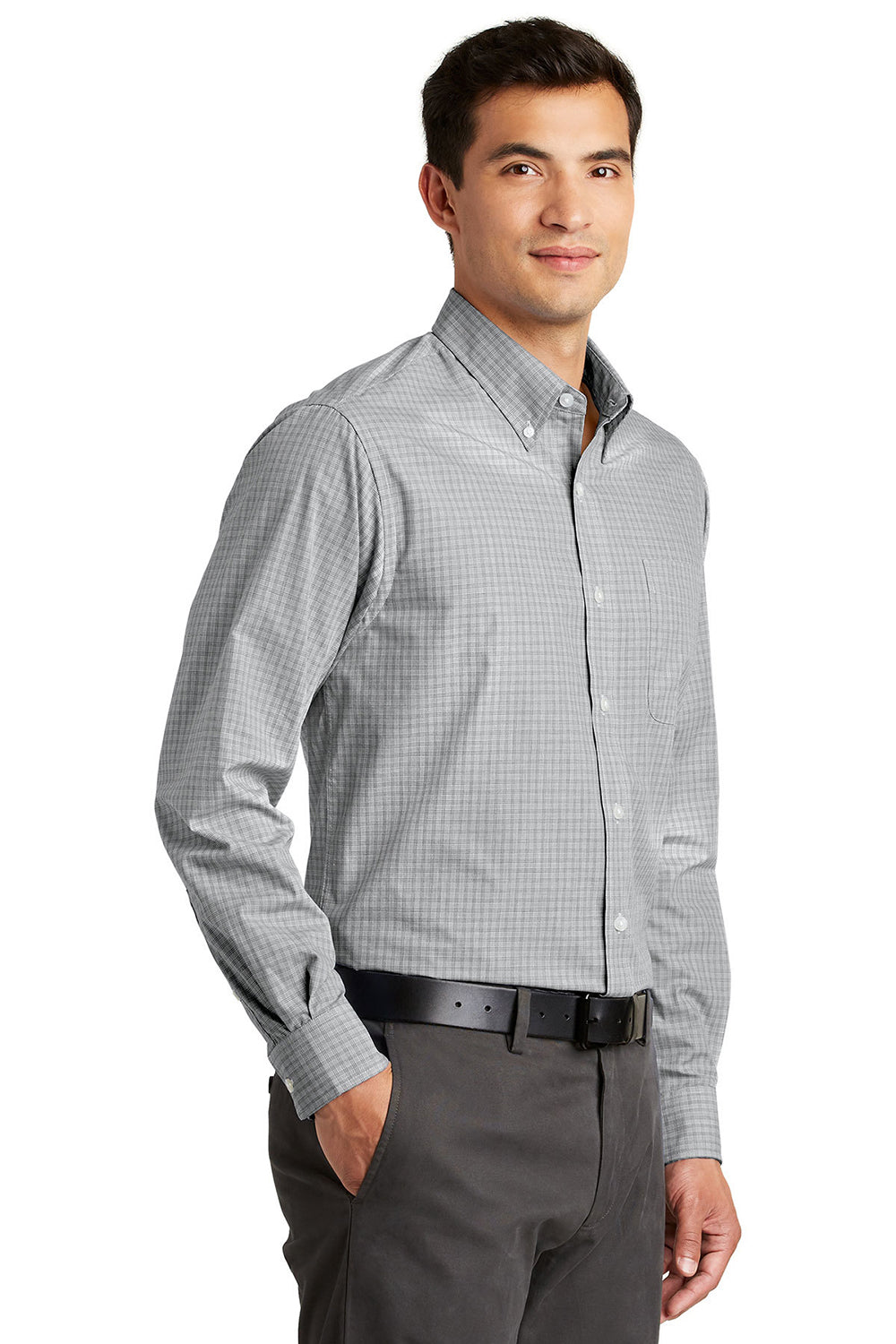 Port Authority S639 Mens Easy Care Wrinkle Resistant Long Sleeve Button Down Shirt w/ Pocket Charcoal Grey Model 3q