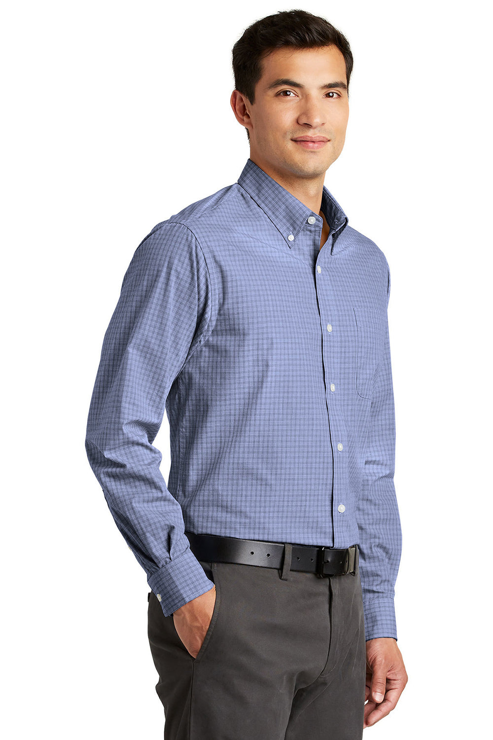 Port Authority S639 Mens Easy Care Wrinkle Resistant Long Sleeve Button Down Shirt w/ Pocket Navy Blue Model 3q