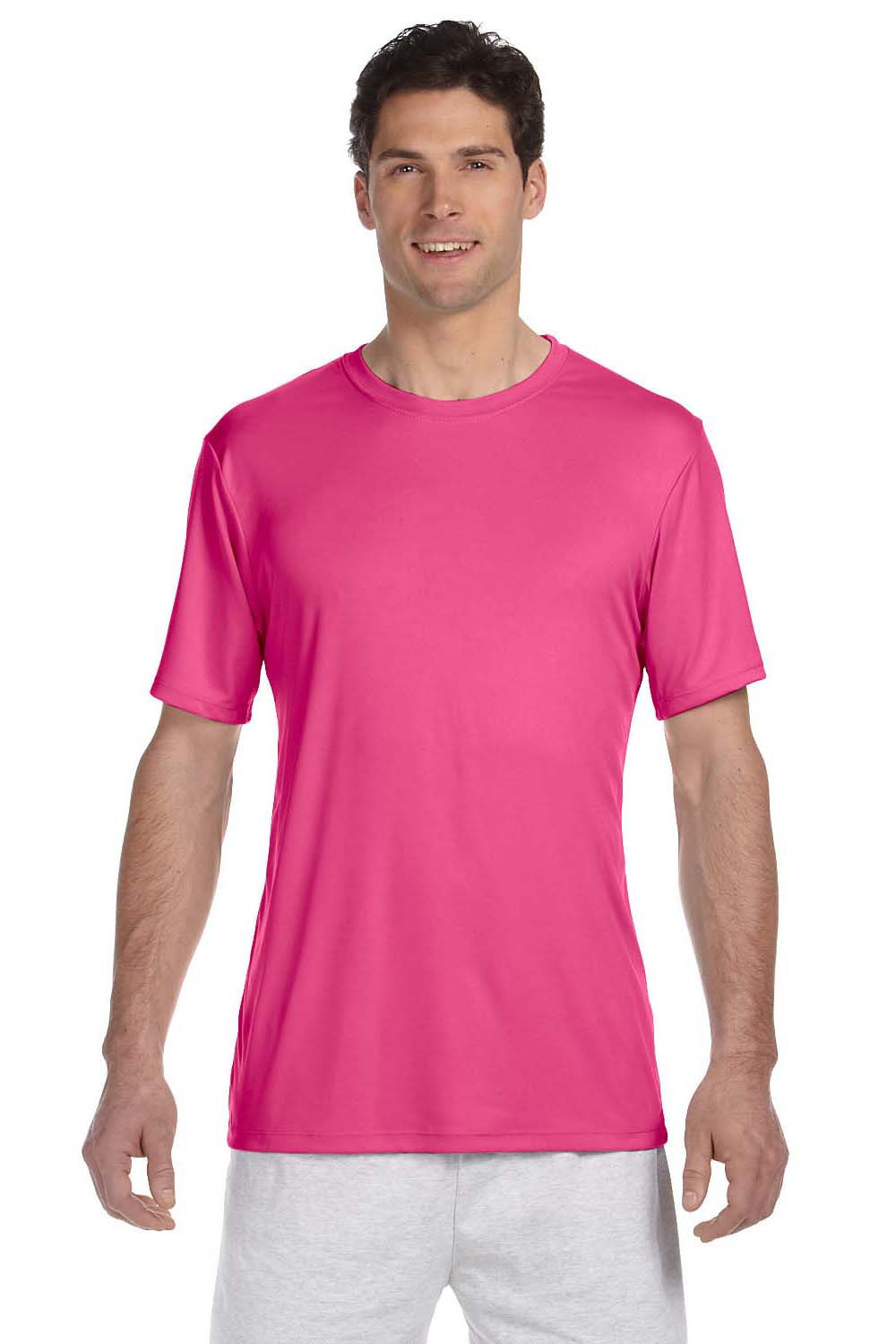 Hanes 4820 Mens Cool DRI FreshIQ Moisture Wicking Short Sleeve Crewneck T-Shirt Wow Pink Model Front