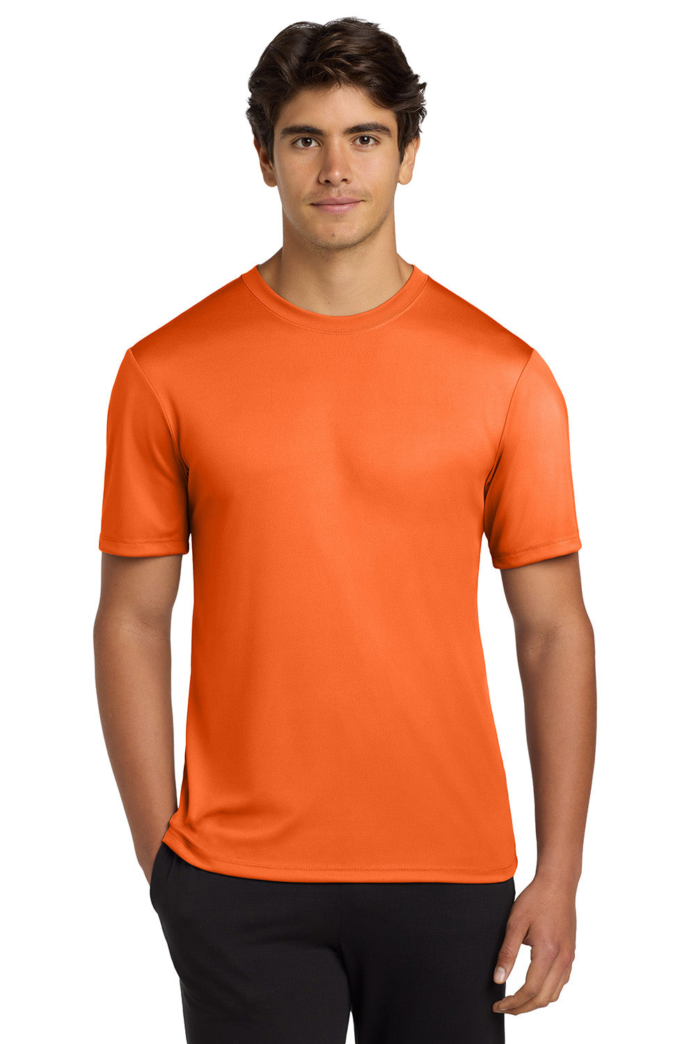 Hanes 4820 Mens Cool DRI FreshIQ Moisture Wicking Short Sleeve Crewneck T-Shirt Safety Orange Model Front