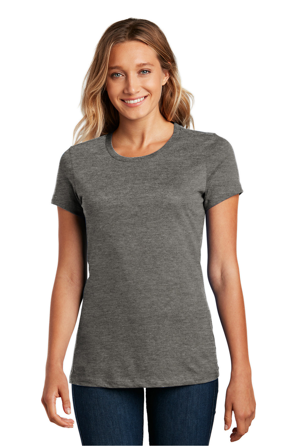 District DM104L Womens Perfect Weight Short Sleeve Crewneck T-Shirt Heather Charcoal Grey Model Front