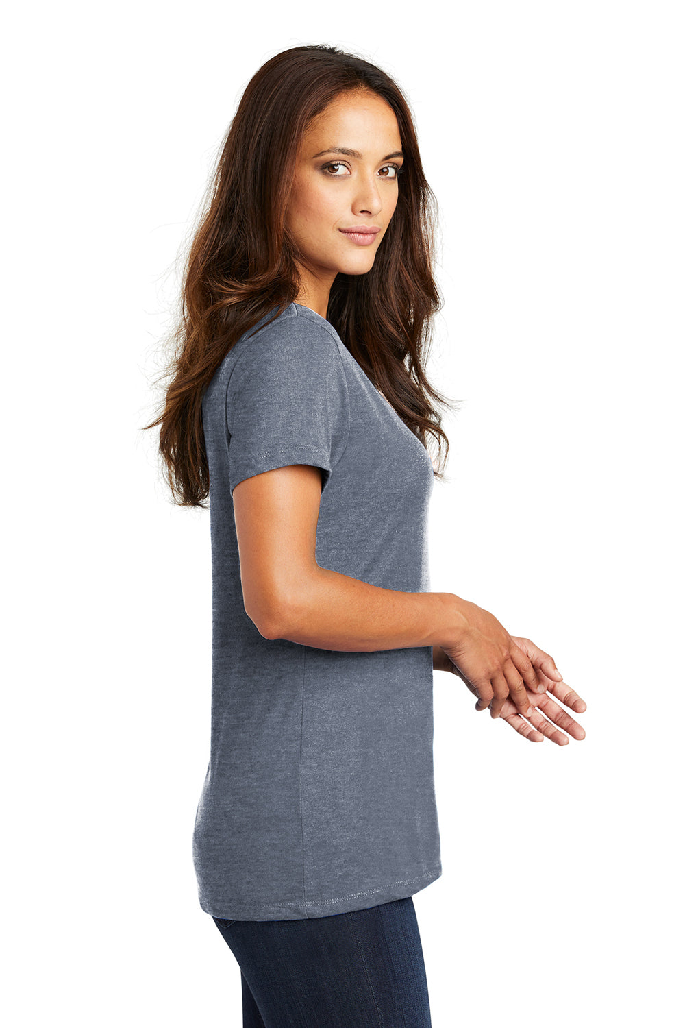 District DM1170L Womens Perfect Weight Short Sleeve V-Neck T-Shirt Heather Navy Blue Model Side